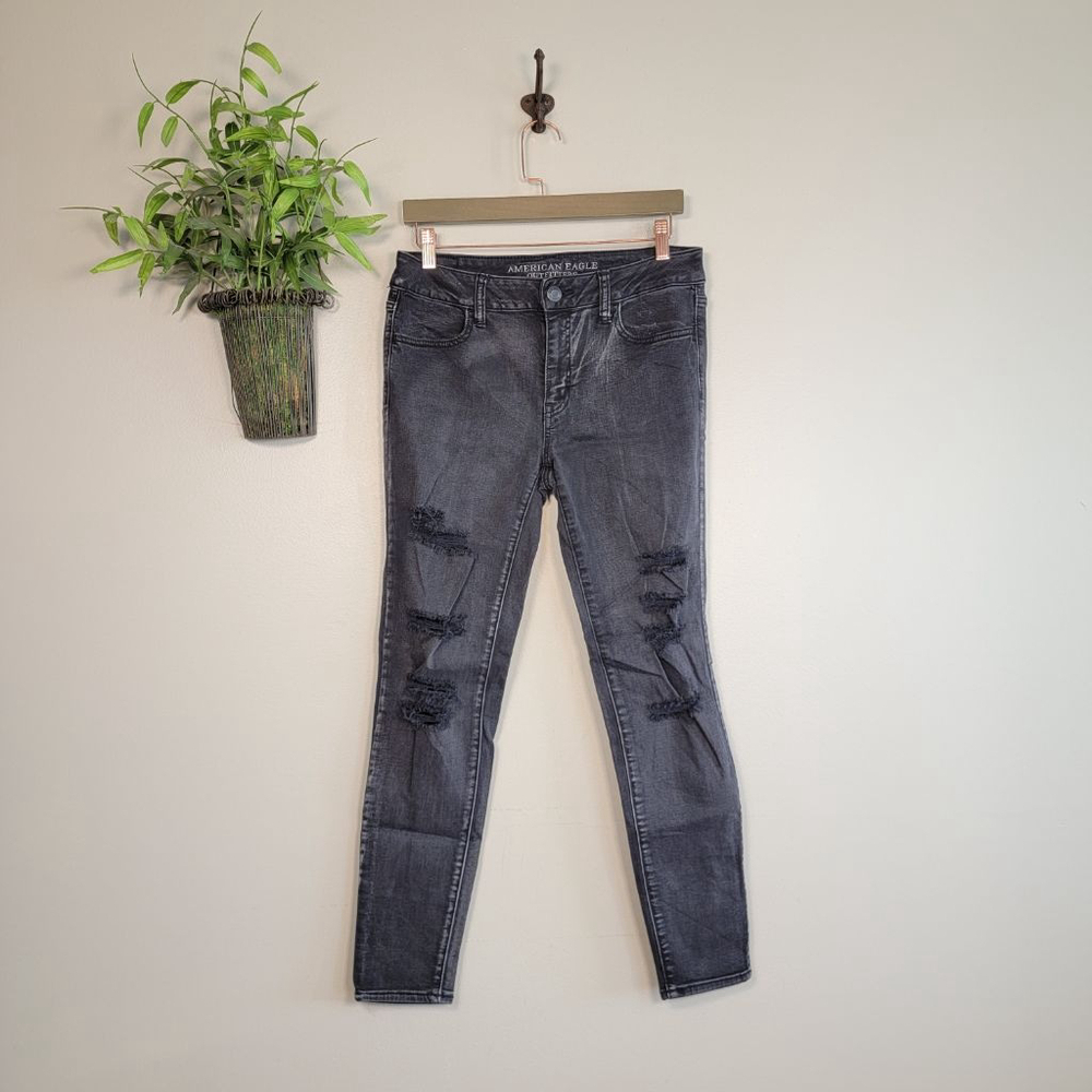 American Eagle Jegging Mid Rise Distressed Ripped Skinny Faded Black AE 10 Jeans